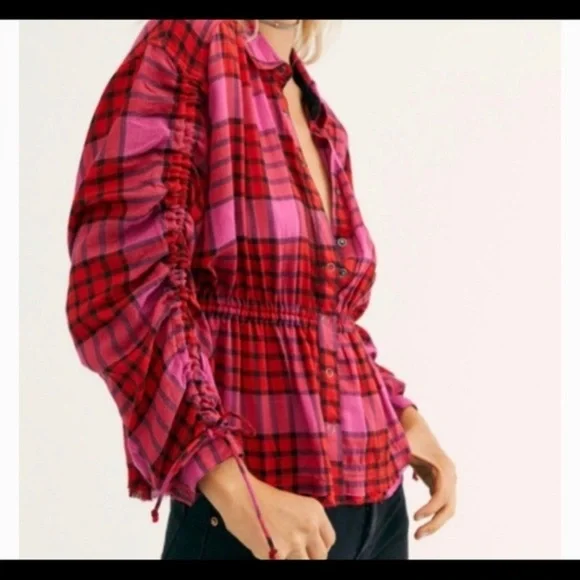 New We The Free People Red Plaid Combo Boho Gathered Peplum Top NWT - Picture 9 of 16
